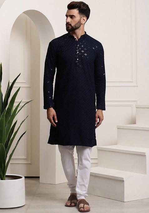 Navy Blue Embroidered Cotton Kurta Set For Men