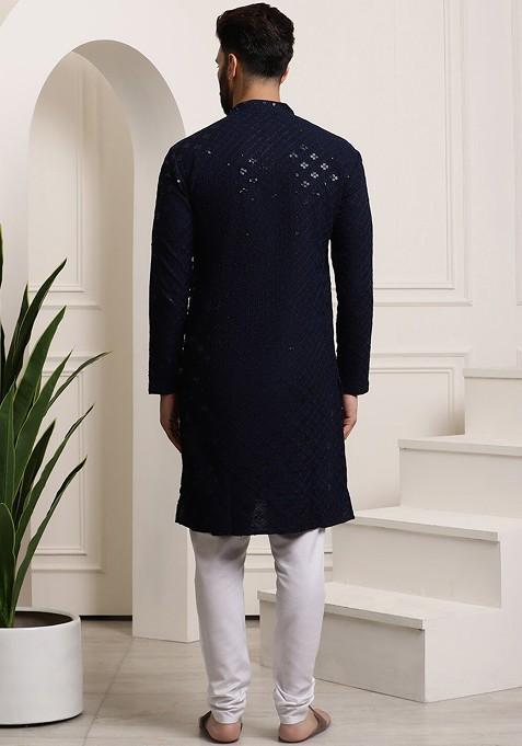 Navy Blue Embroidered Cotton Kurta Set For Men