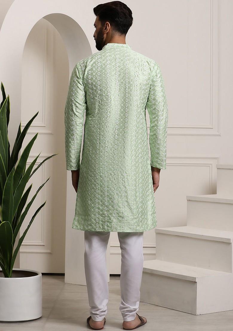 Green Embroidered Poly Blend Kurta Set For Men