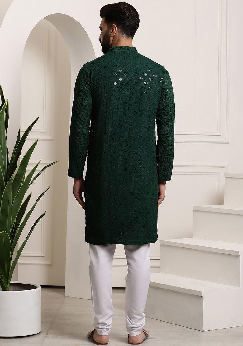 Green Embroidered Cotton Kurta Set For Men