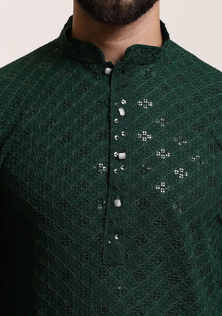 Green Embroidered Cotton Kurta Set For Men