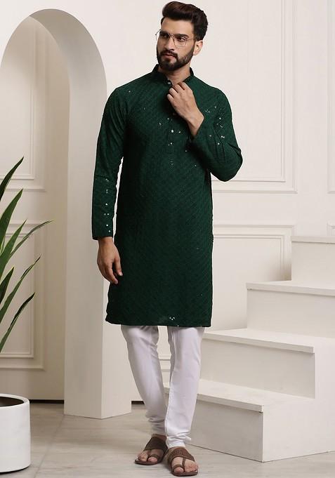Green Embroidered Cotton Kurta Set For Men