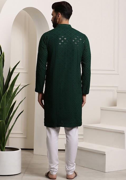 Green Embroidered Cotton Kurta Set For Men