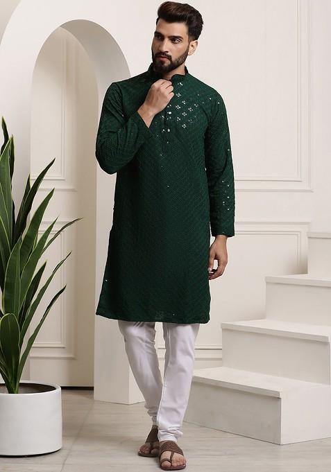 Green Embroidered Cotton Kurta Set For Men