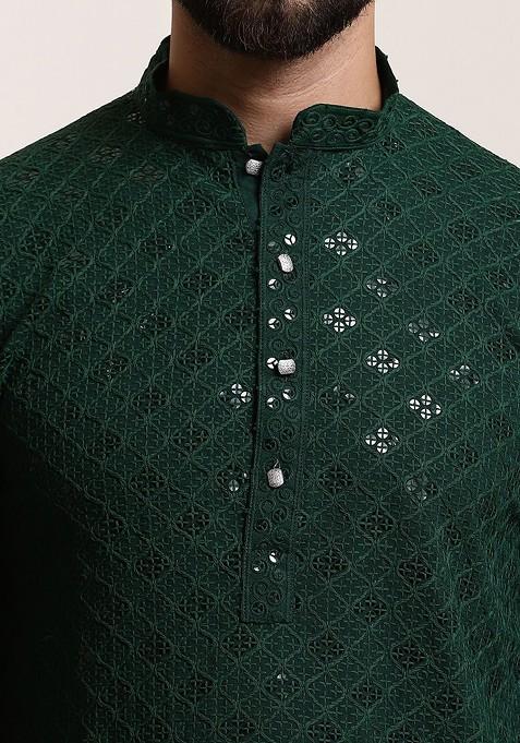 Green Embroidered Cotton Kurta Set For Men