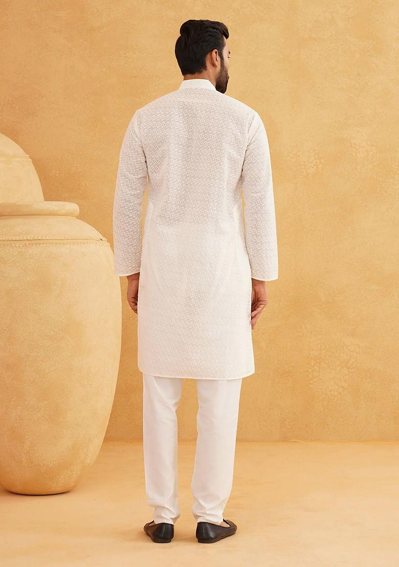 Cream Embroidered Cotton Kurta Set For Men