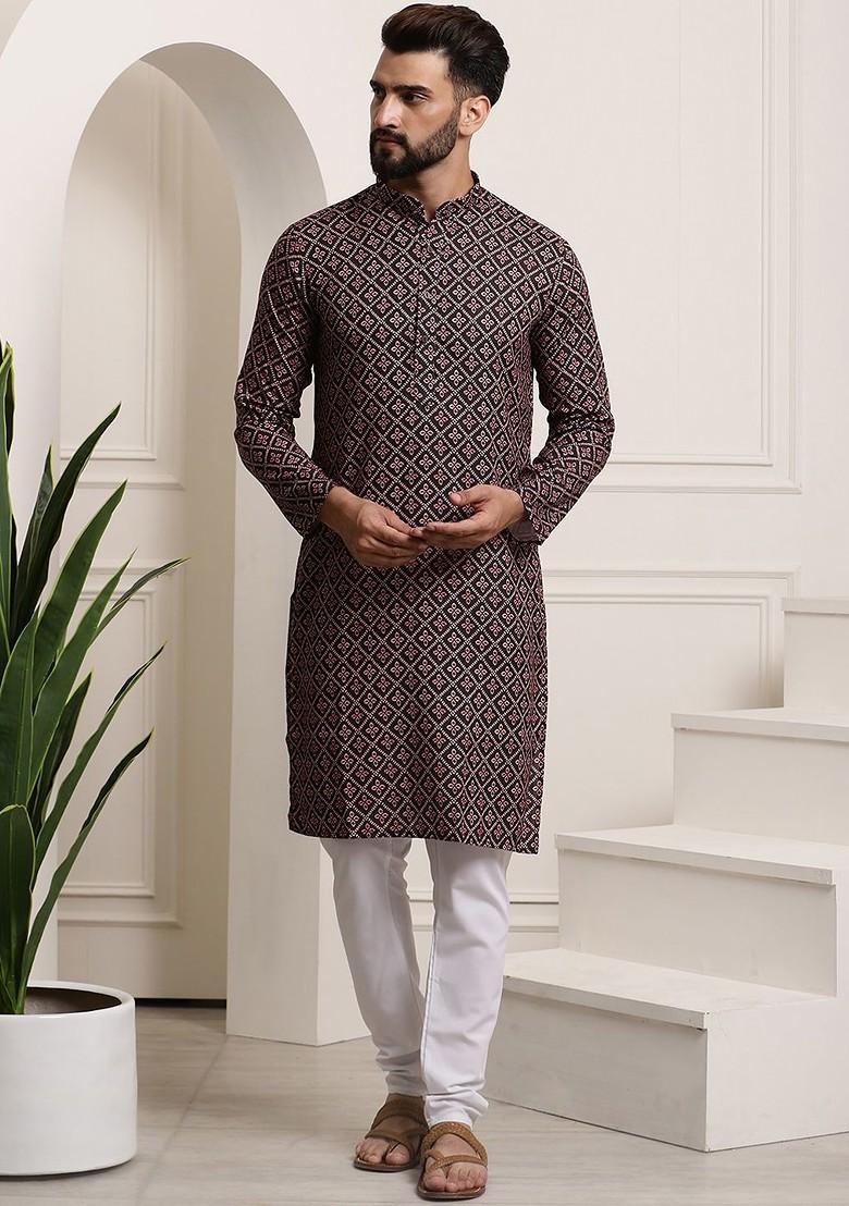 Black Printed Cotton Kurta Set For Men