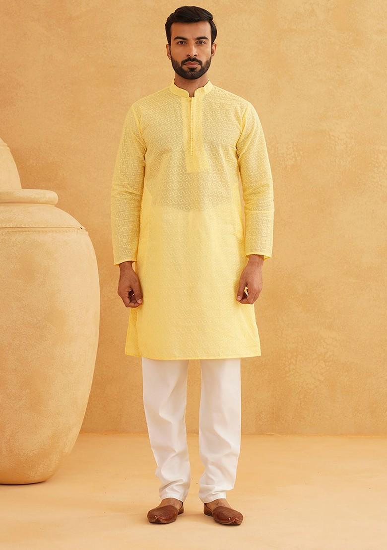 Yellow Embroidered Cotton Kurta Set For Men