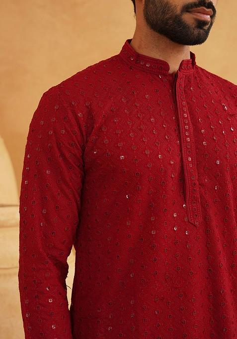 Maroon Embroidered Cotton Kurta Set For Men