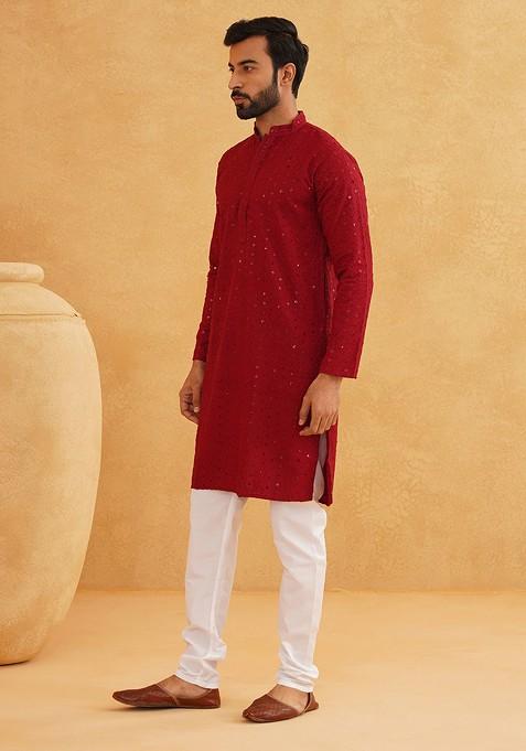 Maroon Embroidered Cotton Kurta Set For Men