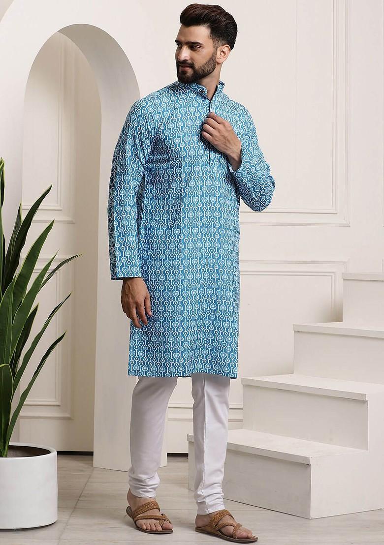 Turquoise Blue Printed Cotton Kurta Set For Men