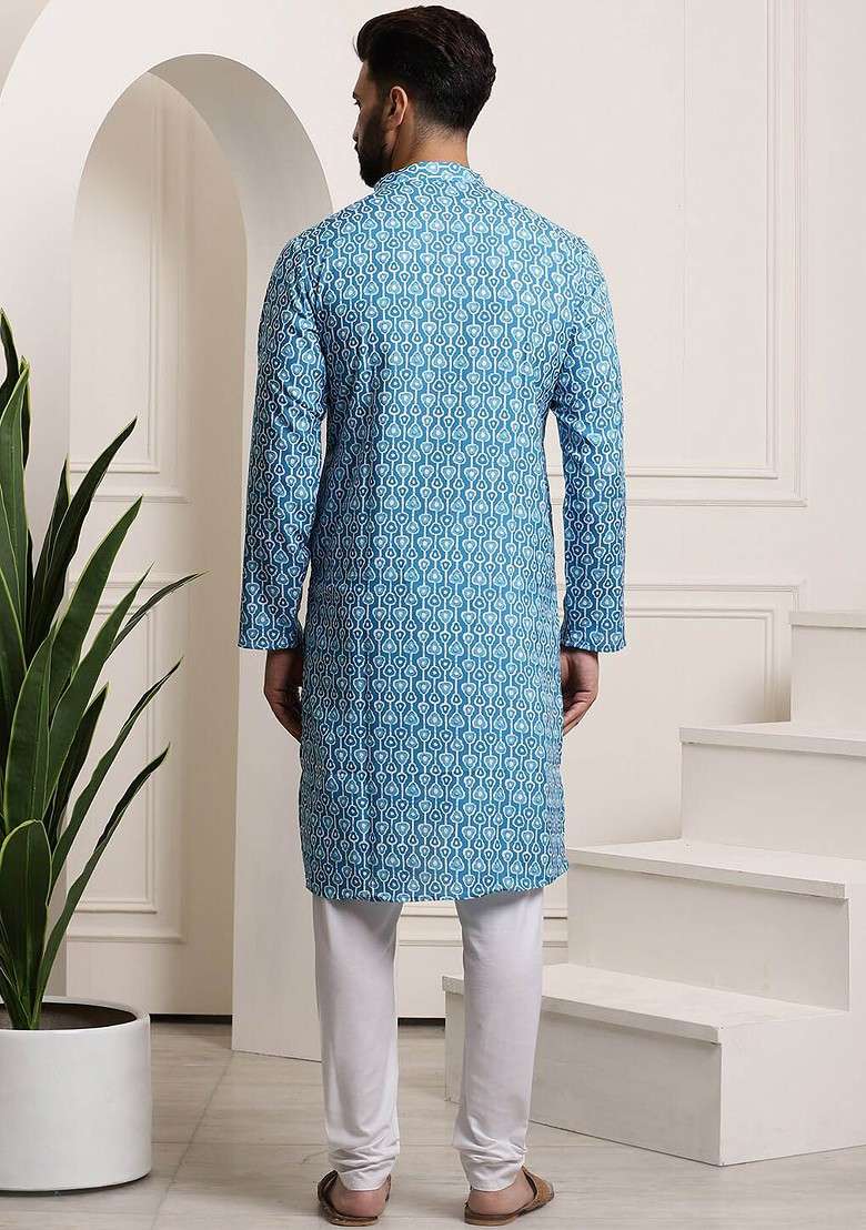 Turquoise Blue Printed Cotton Kurta Set For Men - Indya