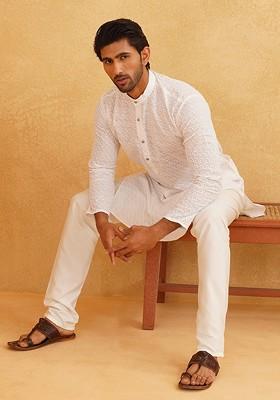 White Embroidered Cotton Kurta Set For Men
