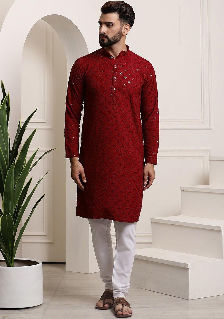 Maroon Embroidered Cotton Kurta Set For Men