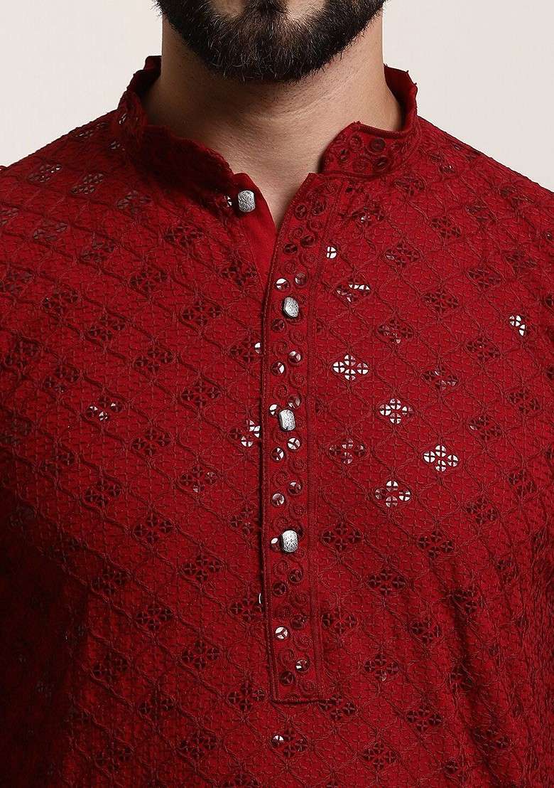 Maroon Embroidered Cotton Kurta Set For Men - Indya