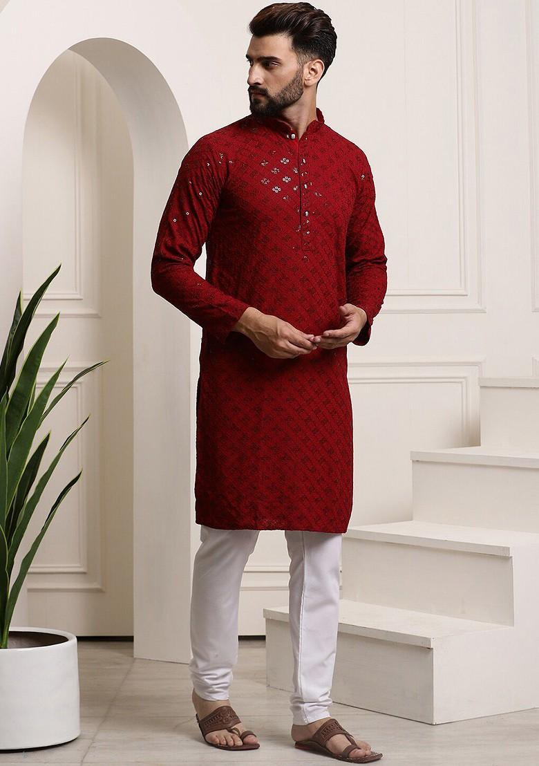Maroon Embroidered Cotton Kurta Set For Men