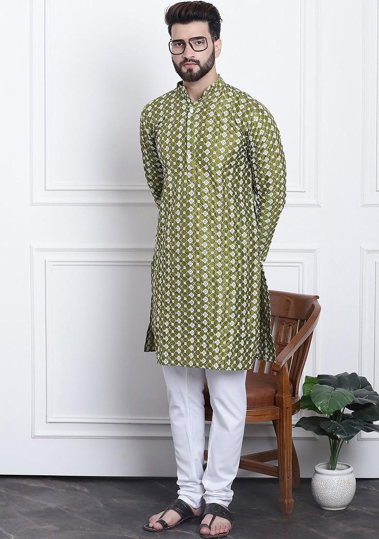 Green Thread Work Poly Blend Kurta Set For Men