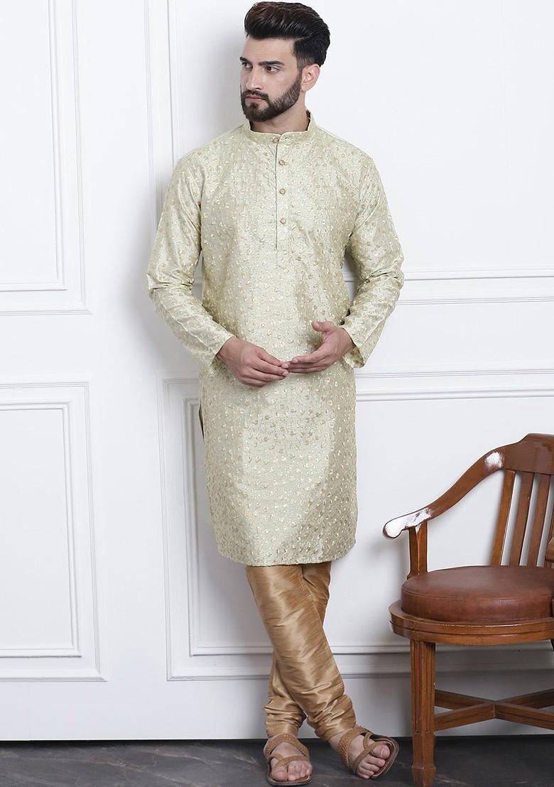 Green Embroidered Poly Blend Kurta Set For Men