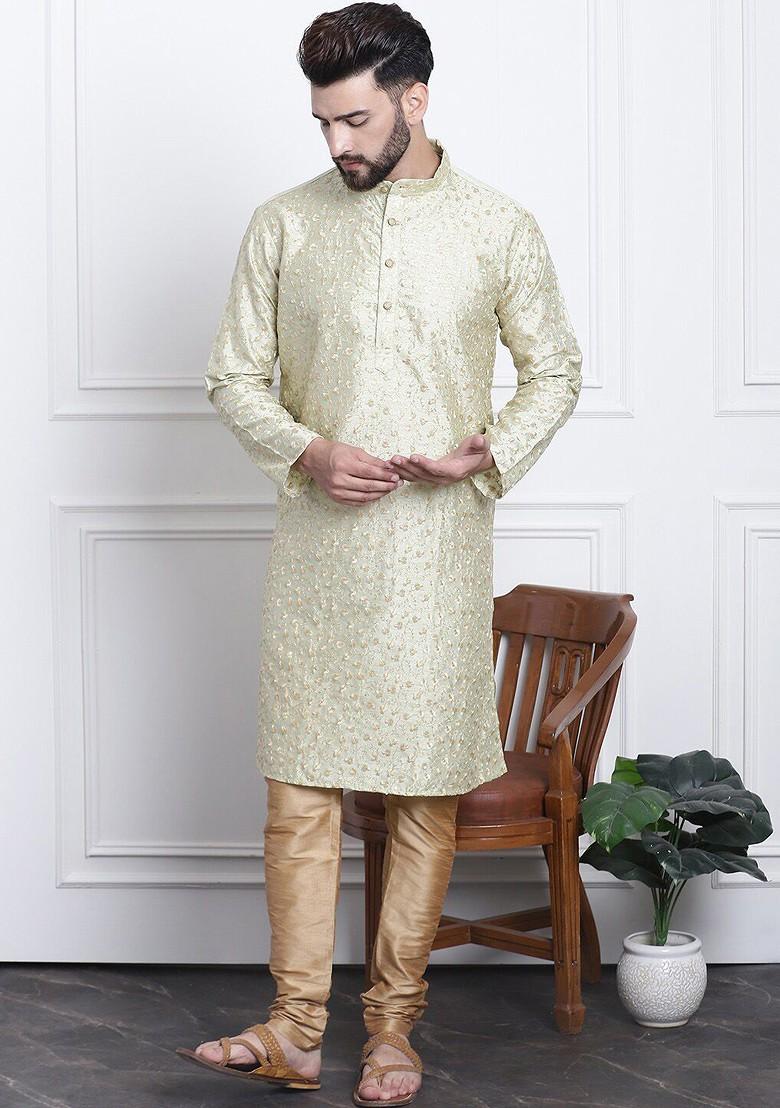 Green Embroidered Poly Blend Kurta Set For Men