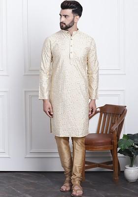 Gold Thread Work Cotton Kurta Set For Men