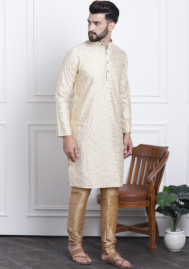 Gold Thread Work Cotton Kurta Set For Men
