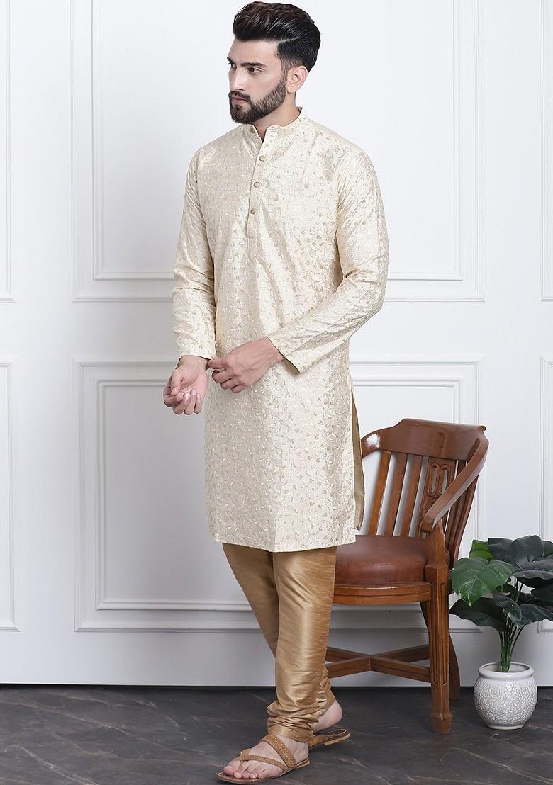 Gold Thread Work Cotton Kurta Set For Men