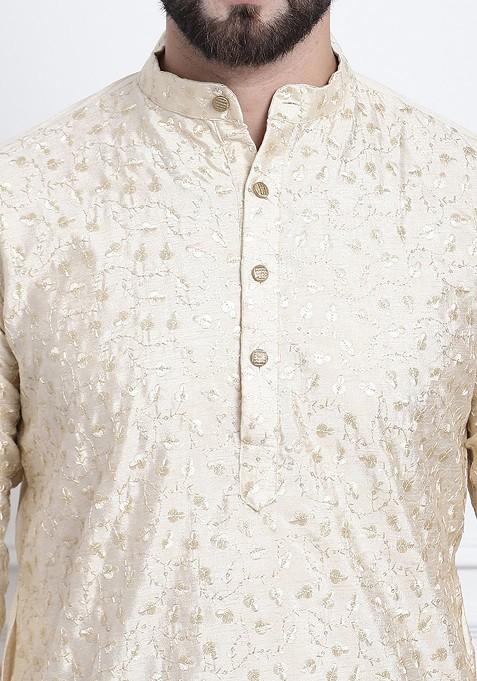 Gold Thread Work Cotton Kurta Set For Men