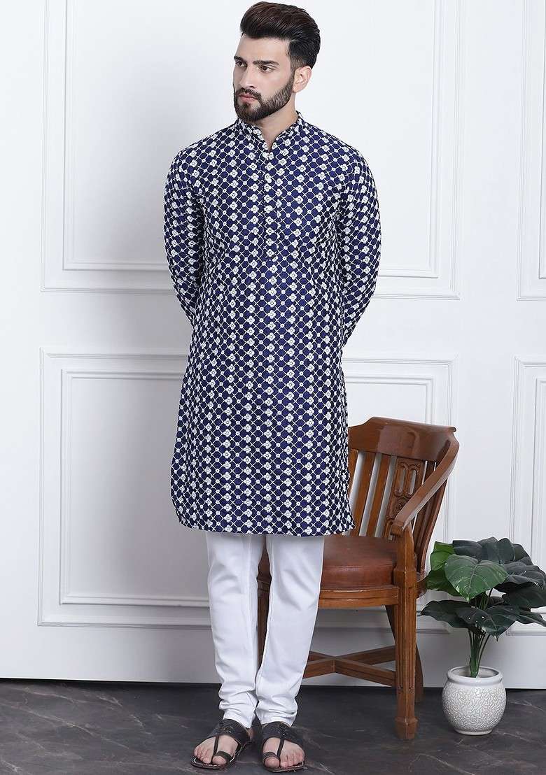Navy Blue Thread Work Poly Blend Kurta Set For Men - Indya