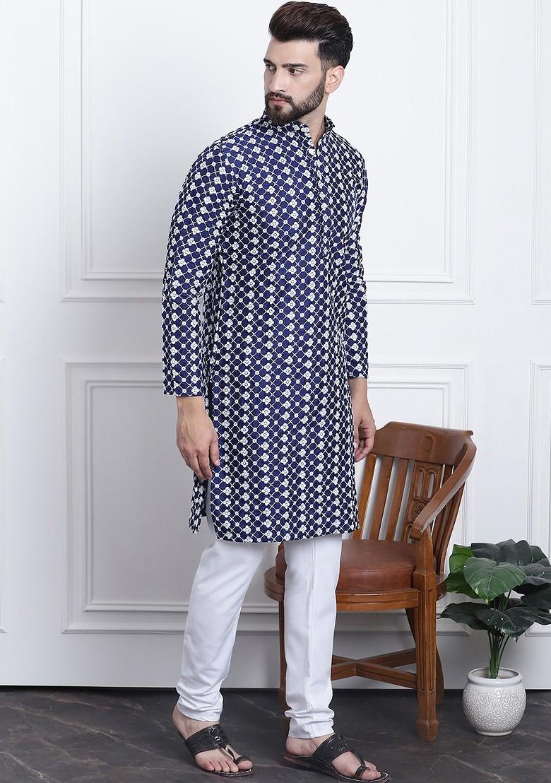 Navy Blue Thread Work Poly Blend Kurta Set For Men