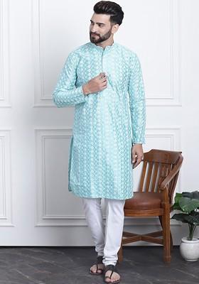 Blue Thread Work Poly Blend Kurta Set For Men
