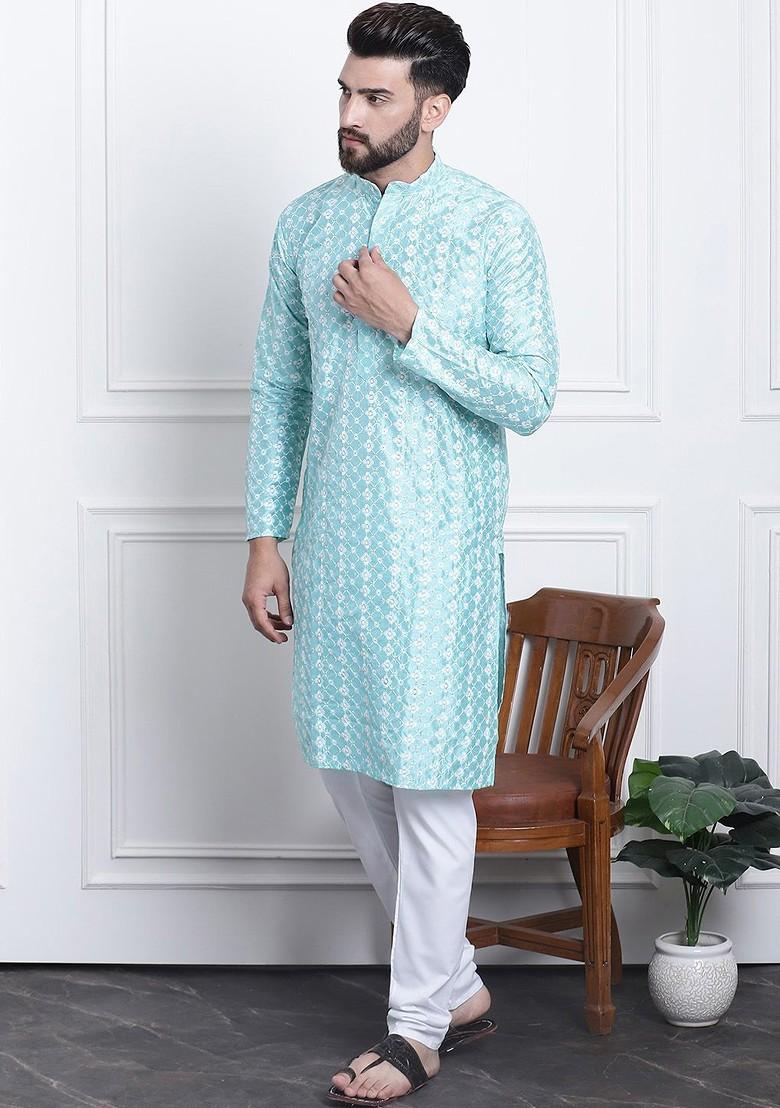 Blue Thread Work Poly Blend Kurta Set For Men
