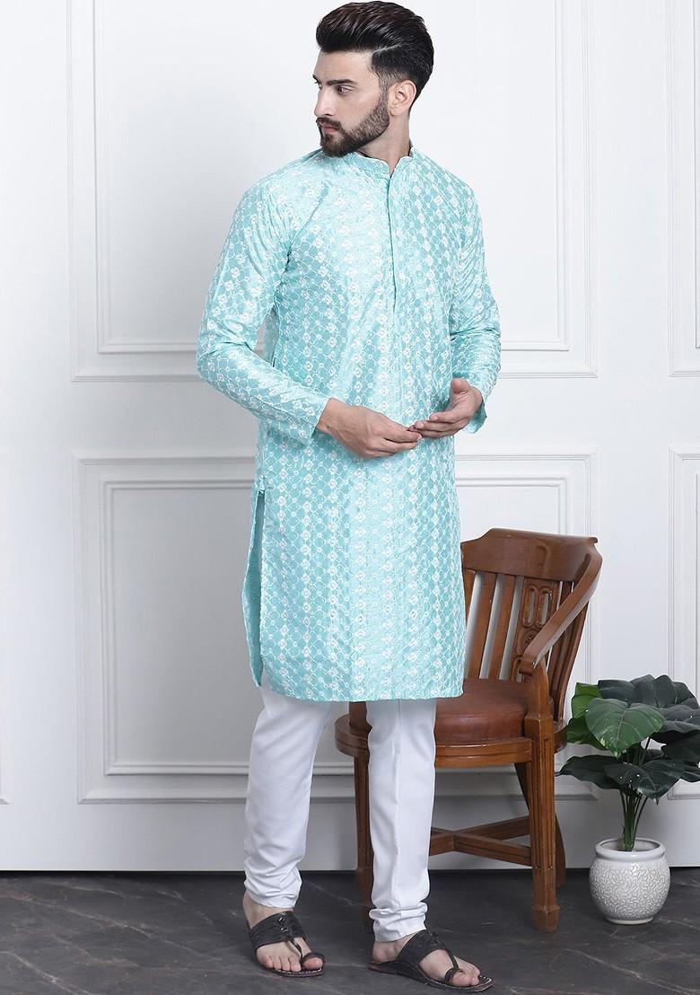 Blue Thread Work Poly Blend Kurta Set For Men