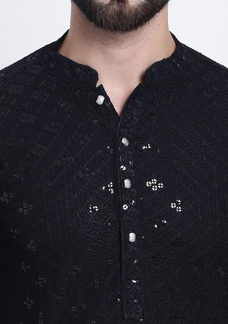 Black Thread Work Cotton Kurta Set For Men