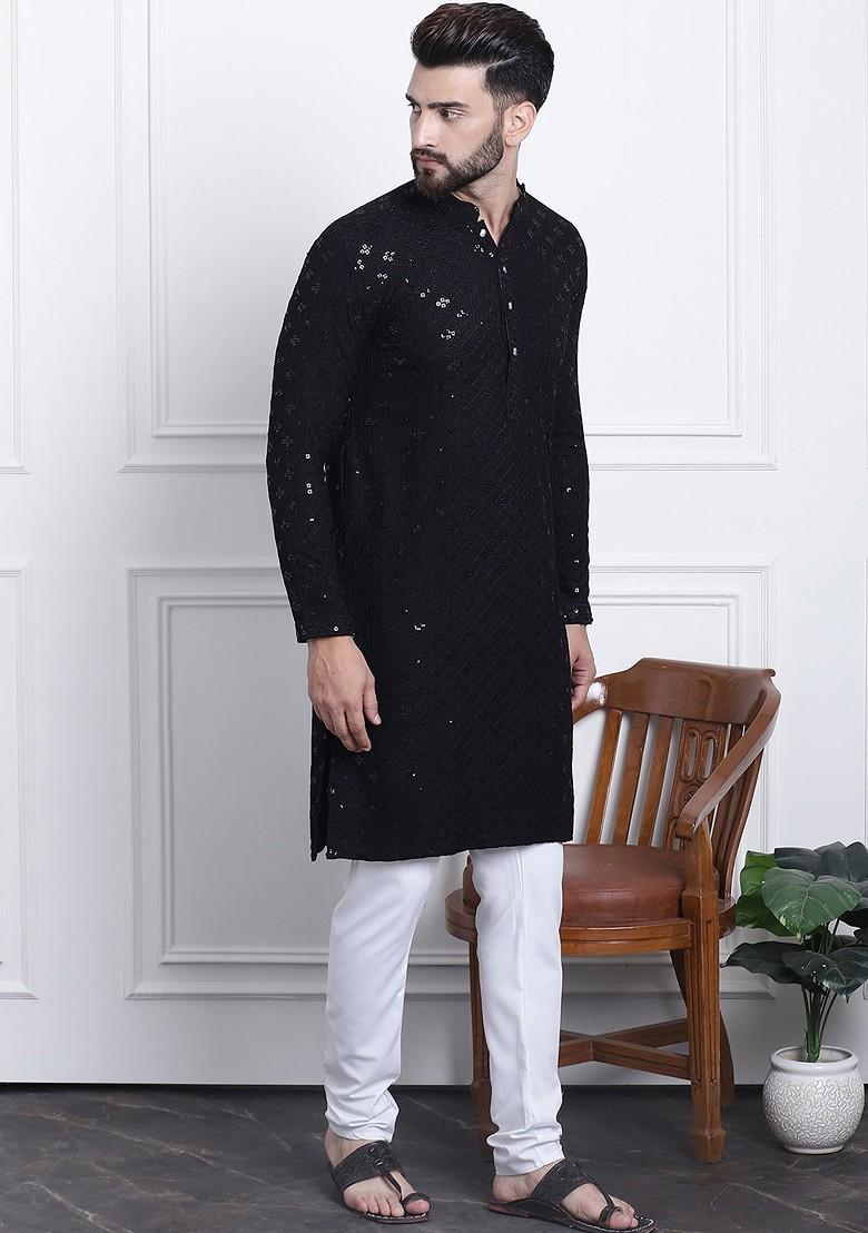 Black Thread Work Cotton Kurta Set For Men
