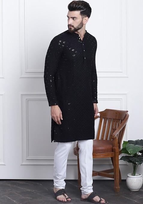 Black Thread Work Cotton Kurta Set For Men