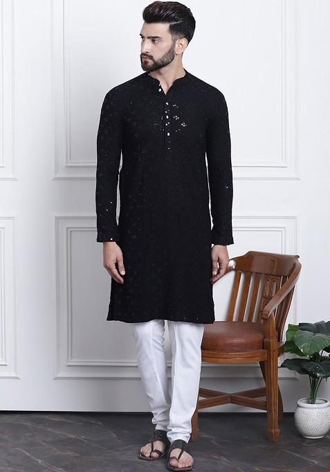 Black Thread Work Cotton Kurta Set For Men