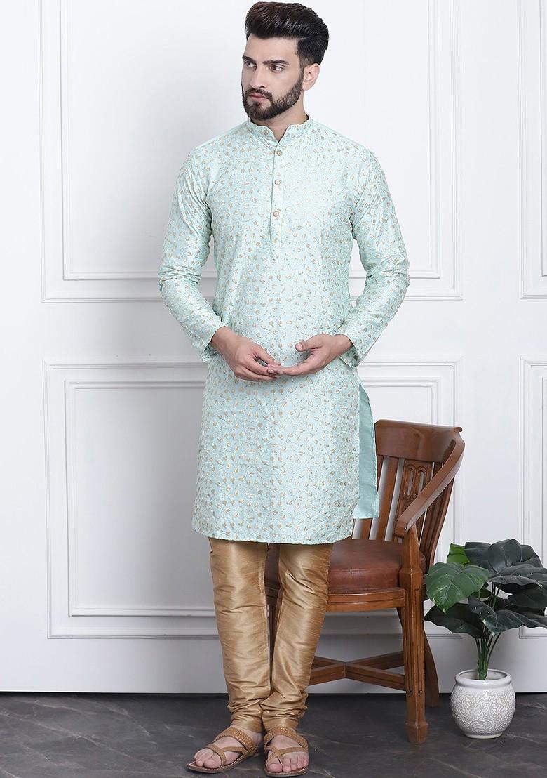 Sea Green Thread Work Cotton Kurta Set For Men