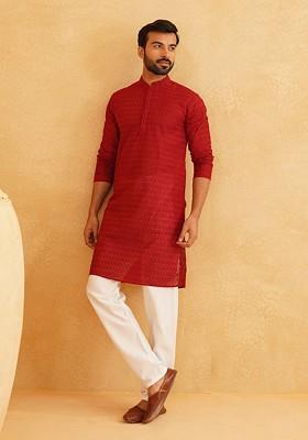 Maroon Thread Work Cotton Kurta Set For Men