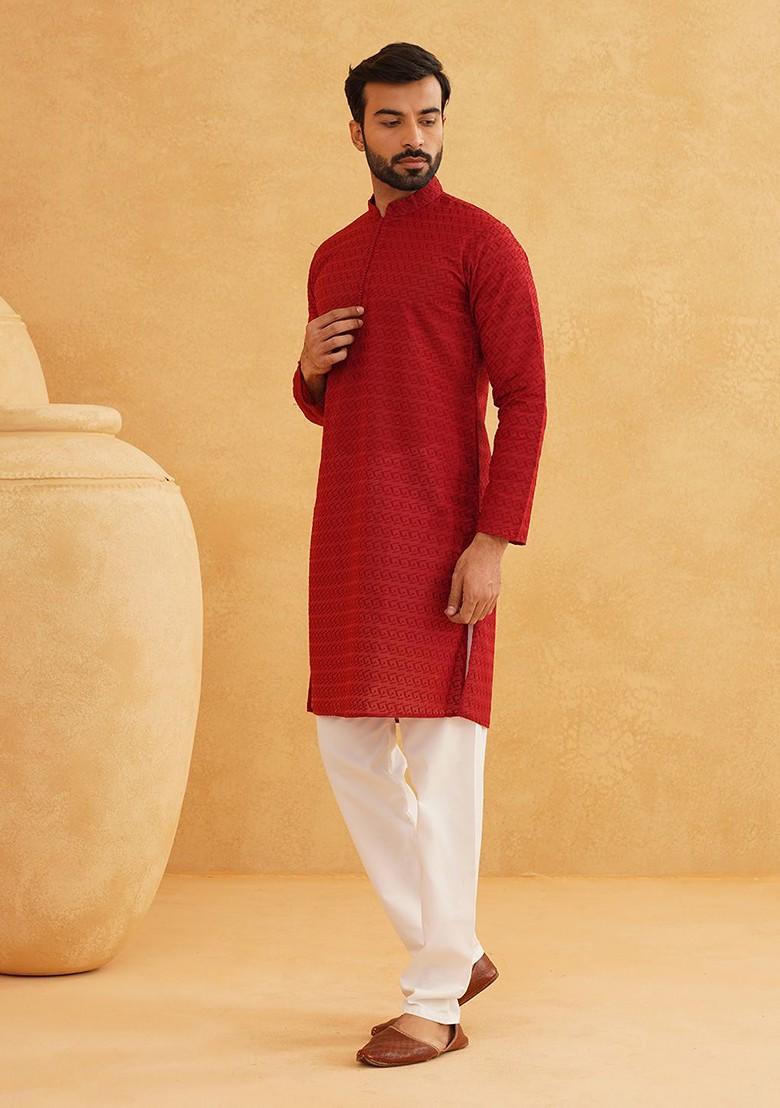 Maroon Thread Work Cotton Kurta Set For Men