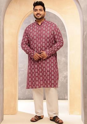 Coral Pink Ethnic Motifs Poly Blend Kurta Set For Men