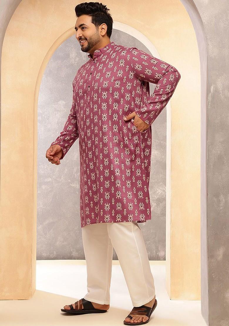 Coral Pink Ethnic Motifs Poly Blend Kurta Set For Men