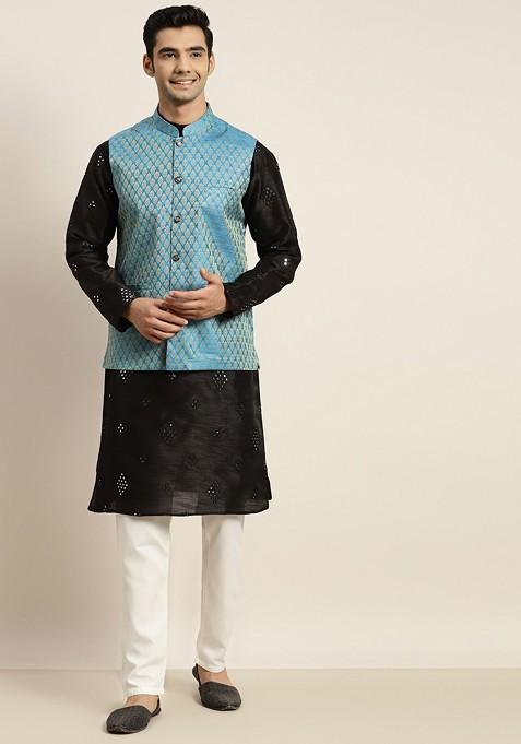 Black Mirror Work Poly Blend Kurta Set For Men