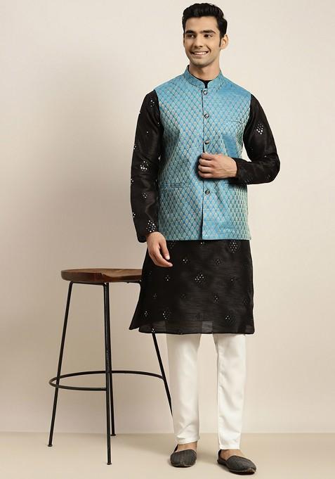 Black Mirror Work Poly Blend Kurta Set For Men