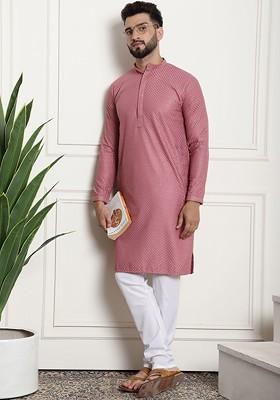 Coral Pink Embroidered Cotton Kurta Set For Men