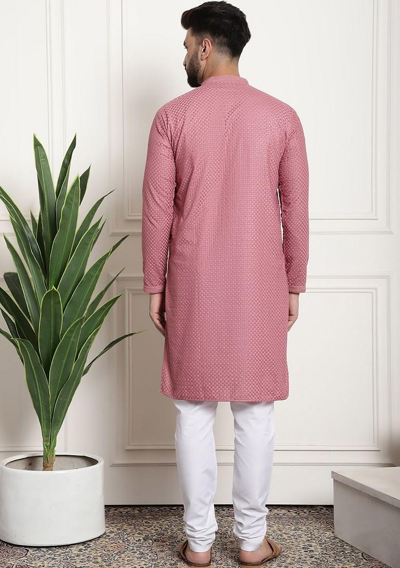 Coral Pink Embroidered Cotton Kurta Set For Men