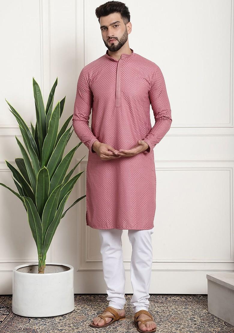 Coral Pink Embroidered Cotton Kurta Set For Men