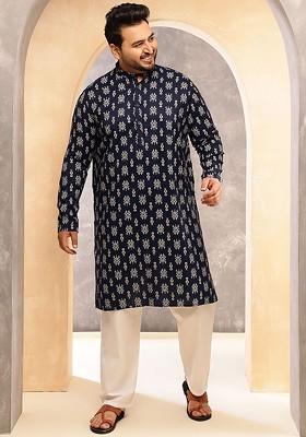 Navy Blue Ethnic Motifs Poly Blend Kurta Set For Men