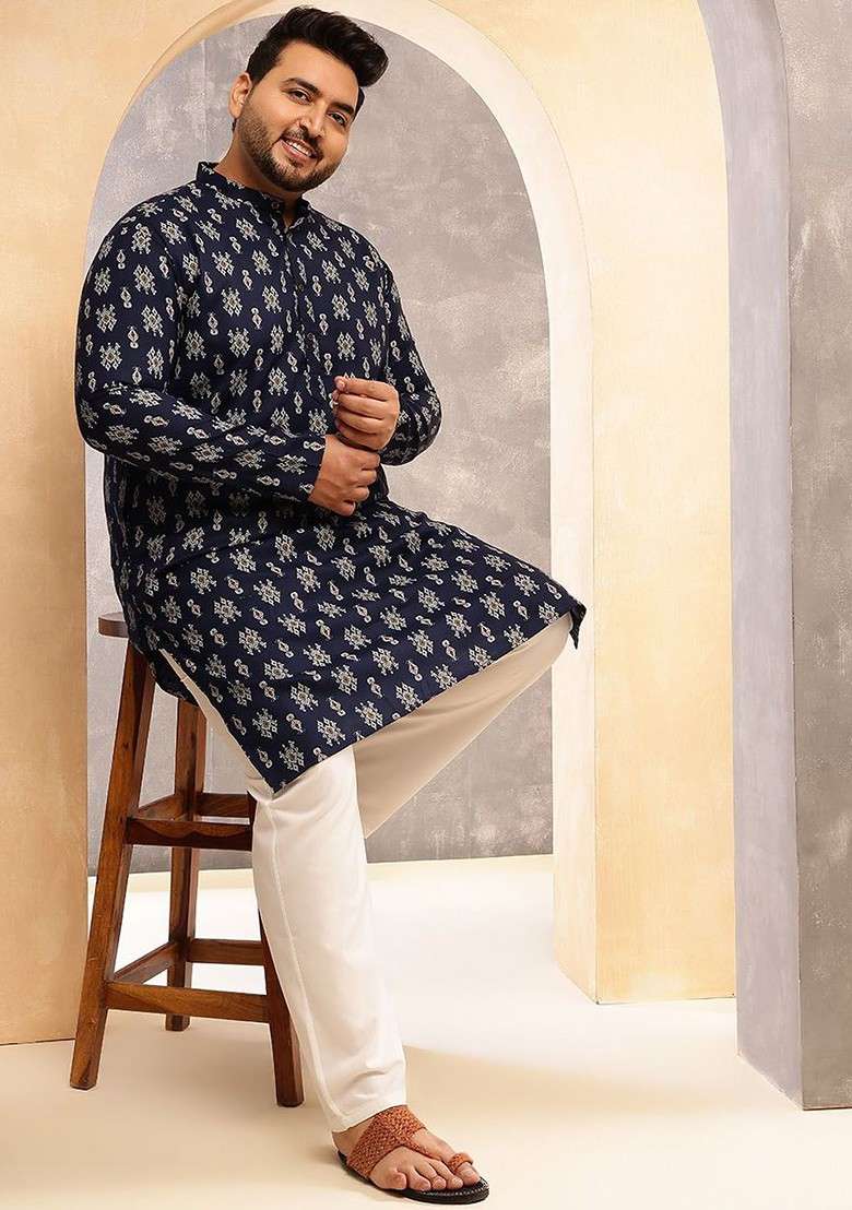 Navy Blue Ethnic Motifs Poly Blend Kurta Set For Men - Indya