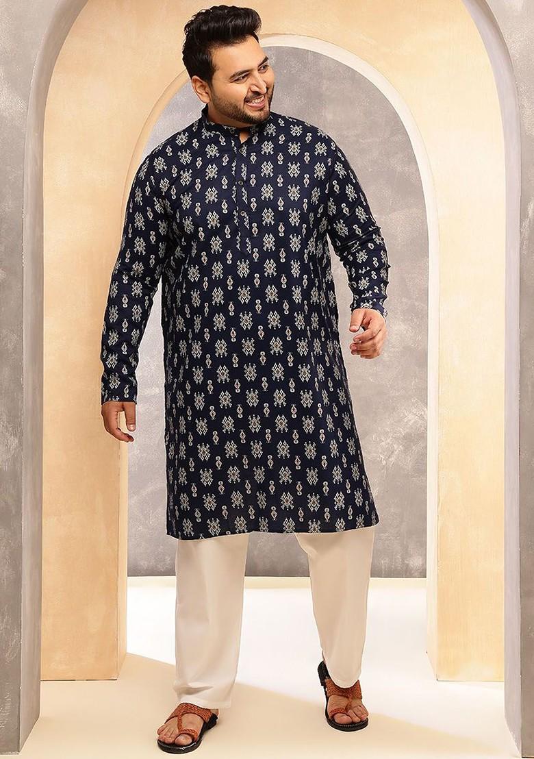 Navy Blue Ethnic Motifs Poly Blend Kurta Set For Men