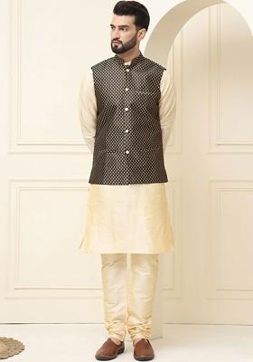 Gold Solid Cotton Kurta Set For Men